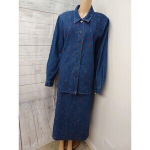 Vtg Samantha Edwards Denim Jacket Embroidery Swirl Design Button Front XL